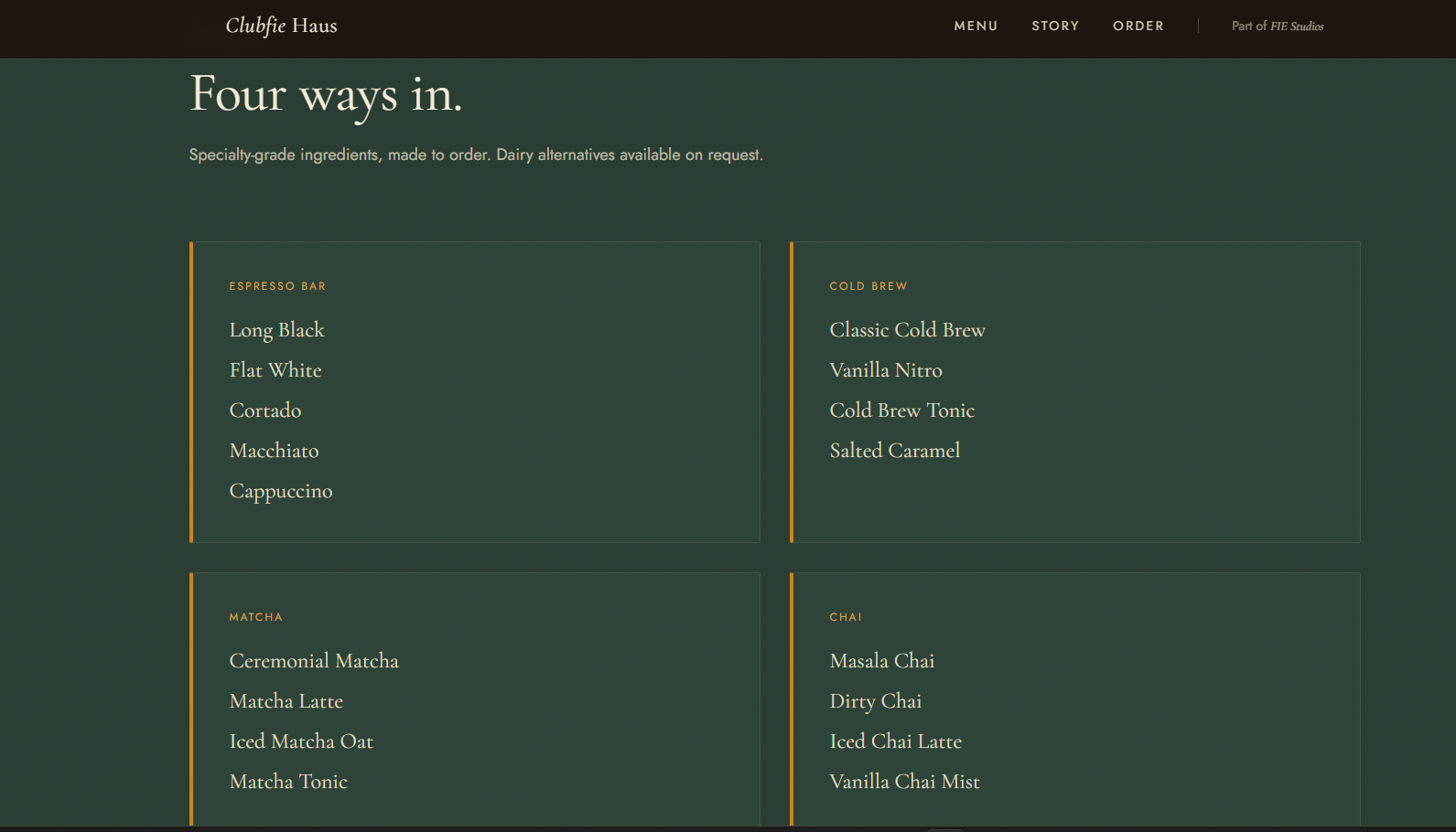 Clubfie Haus website — menu page